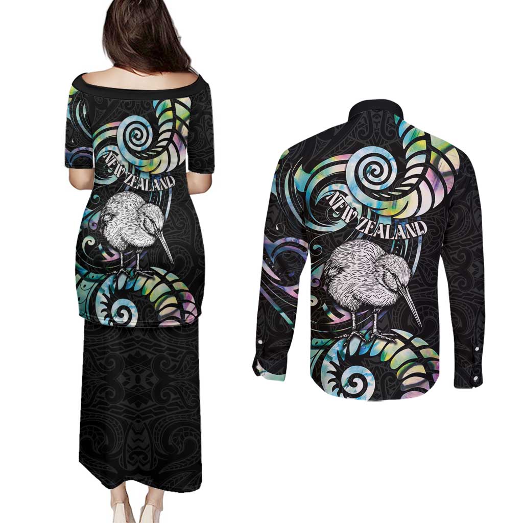 New Zealand Kiwi Bird Couples Matching Puletasi and Long Sleeve Button Shirt Silver Fern Koru Paua Shell