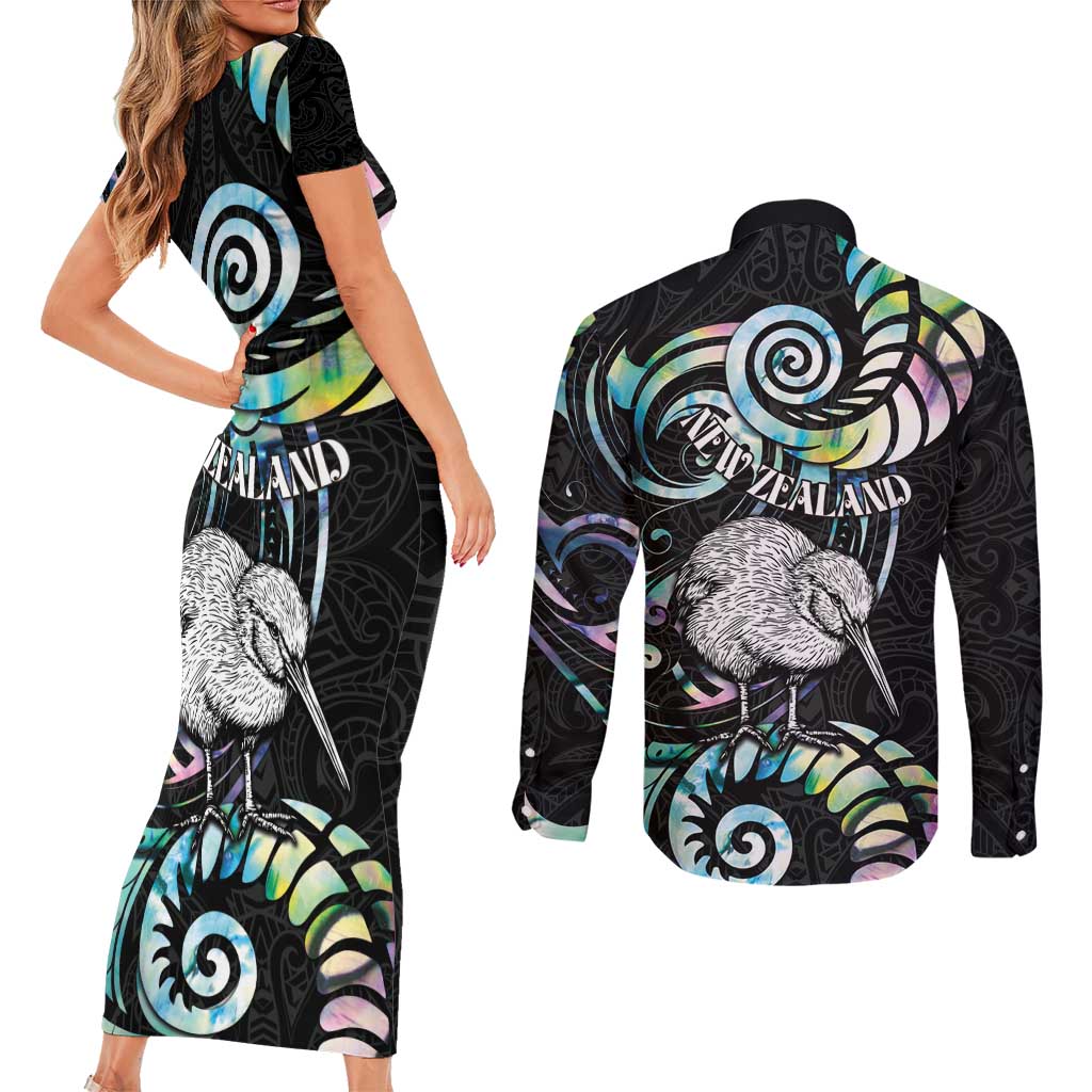 New Zealand Kiwi Bird Couples Matching Short Sleeve Bodycon Dress and Long Sleeve Button Shirt Silver Fern Koru Paua Shell