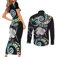 New Zealand Kiwi Bird Couples Matching Short Sleeve Bodycon Dress and Long Sleeve Button Shirt Silver Fern Koru Paua Shell