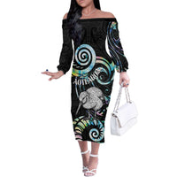 New Zealand Kiwi Bird Family Matching Off The Shoulder Long Sleeve Dress and Hawaiian Shirt Silver Fern Koru Paua Shell