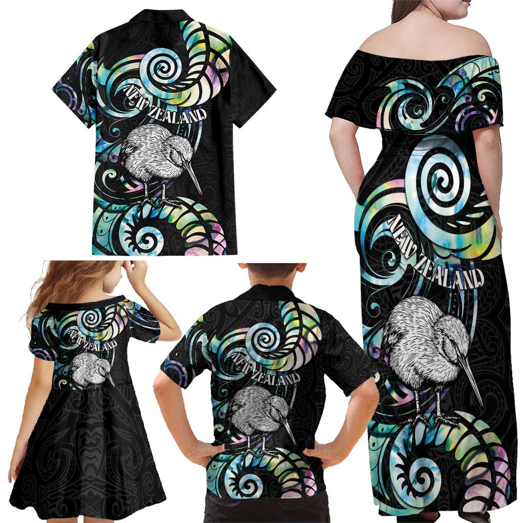 New Zealand Kiwi Bird Family Matching Off Shoulder Maxi Dress and Hawaiian Shirt Silver Fern Koru Paua Shell