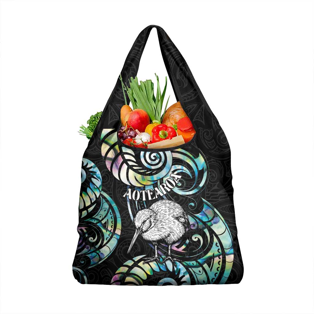 New Zealand Kiwi Bird Grocery Bag Silver Fern Koru Paua Shell DT04 1-pack One Size Black - Polynesian Pride