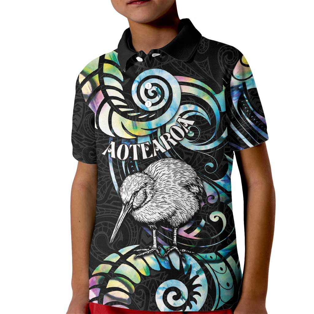 New Zealand Kiwi Bird Kid Polo Shirt Silver Fern Koru Paua Shell DT04 Kid Black - Polynesian Pride