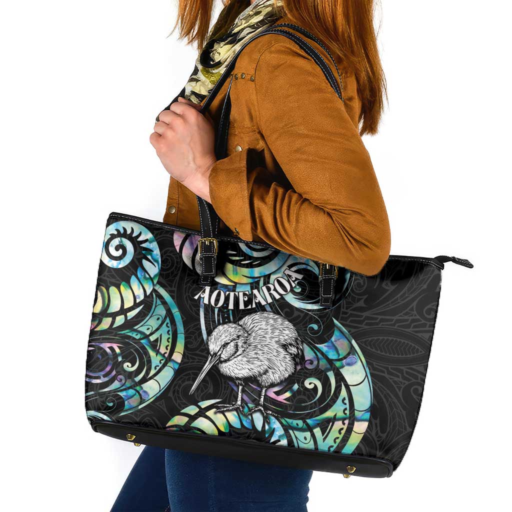 New Zealand Kiwi Bird Leather Tote Bag Silver Fern Koru Paua Shell DT04 Black - Polynesian Pride