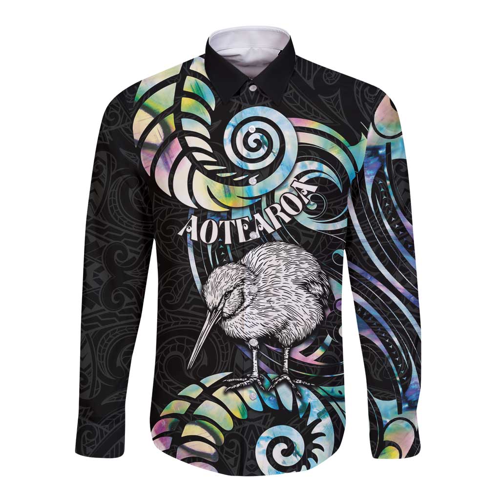 New Zealand Kiwi Bird Long Sleeve Button Shirt Silver Fern Koru Paua Shell DT04 Unisex Black - Polynesian Pride