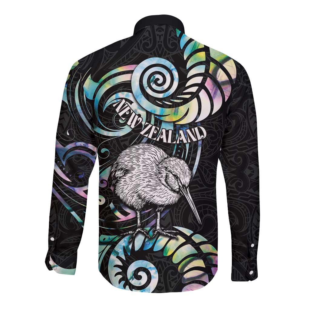 New Zealand Kiwi Bird Long Sleeve Button Shirt Silver Fern Koru Paua Shell