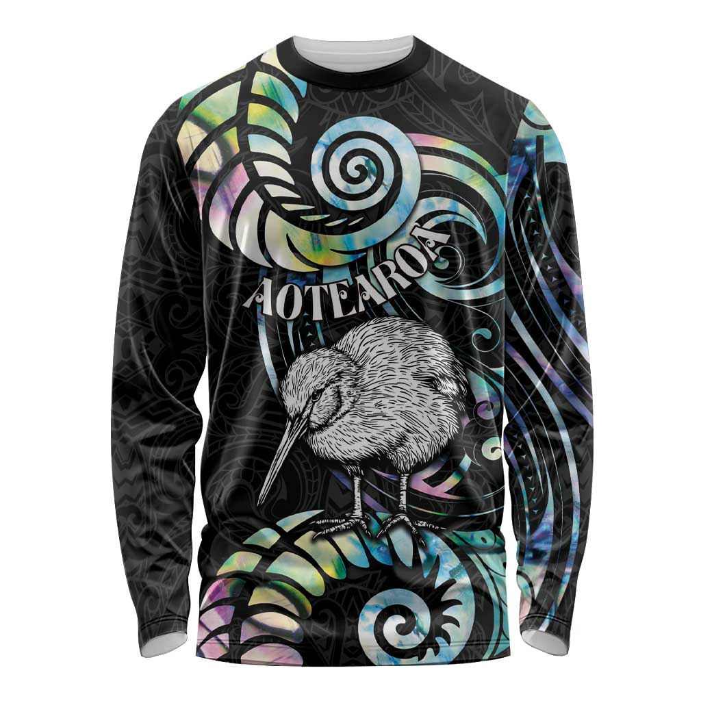 New Zealand Kiwi Bird Long Sleeve Shirt Silver Fern Koru Paua Shell DT04 Unisex Black - Polynesian Pride