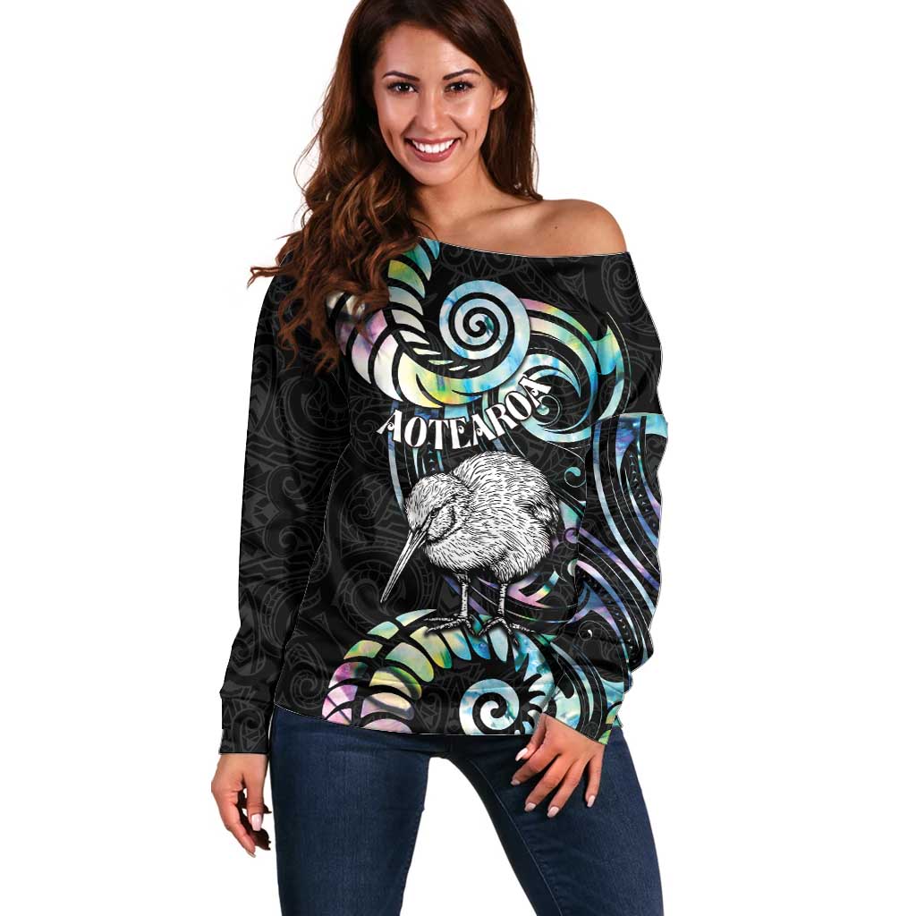 New Zealand Kiwi Bird Off Shoulder Sweater Silver Fern Koru Paua Shell DT04 Women Black - Polynesian Pride