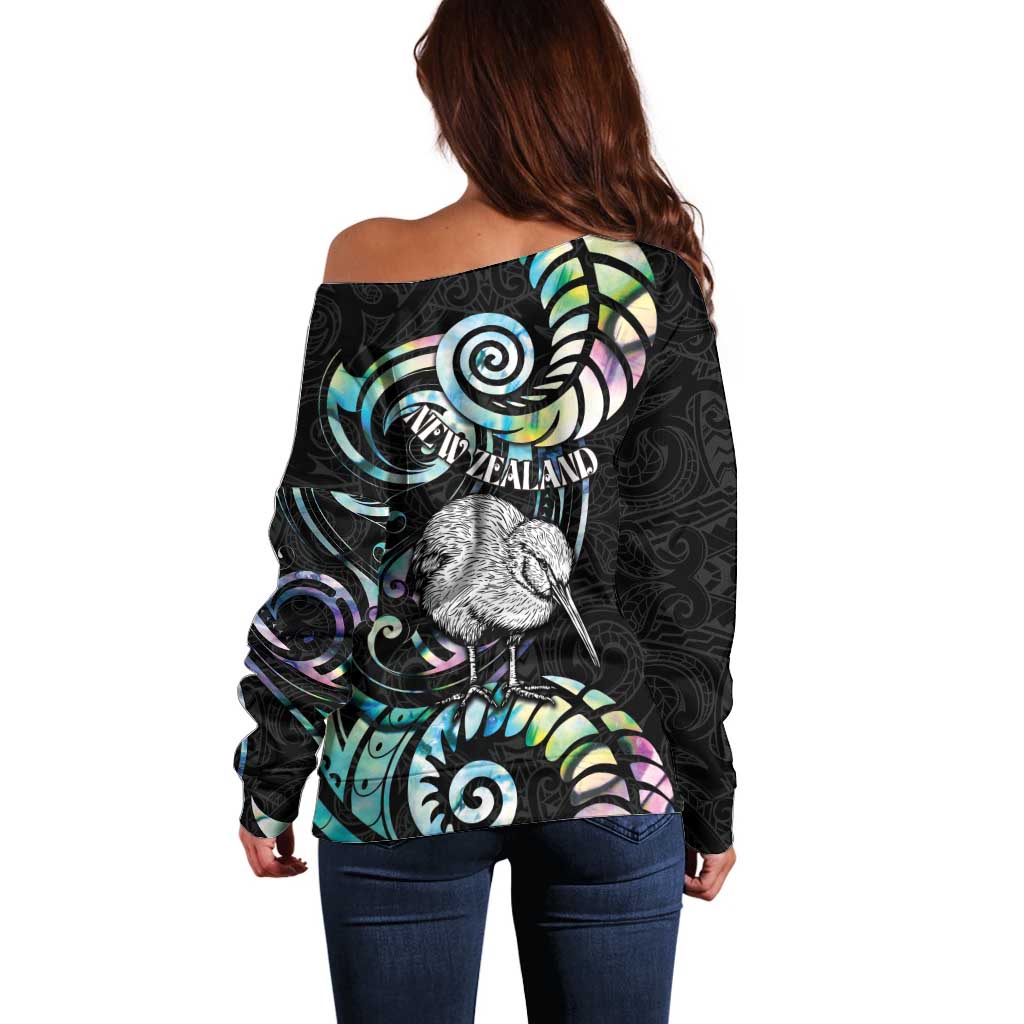 New Zealand Kiwi Bird Off Shoulder Sweater Silver Fern Koru Paua Shell