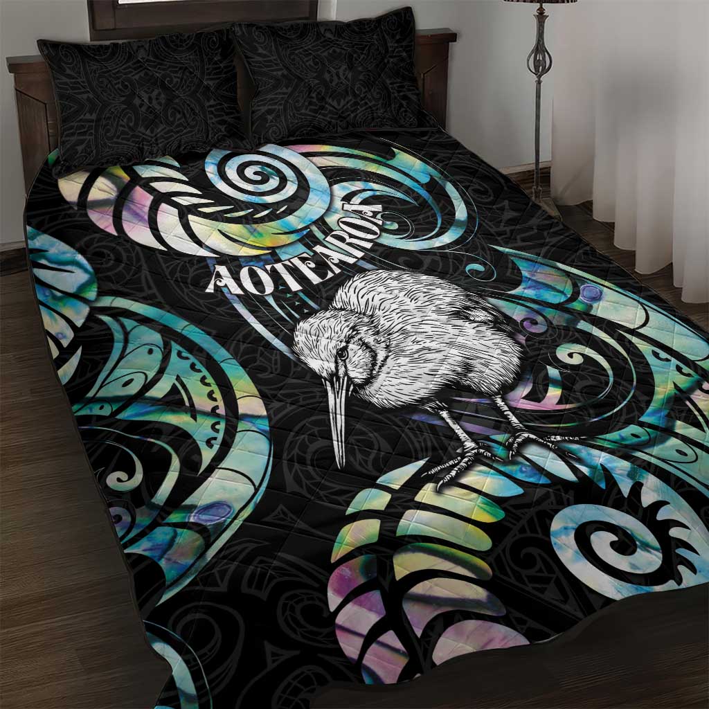 New Zealand Kiwi Bird Quilt Bed Set Silver Fern Koru Paua Shell