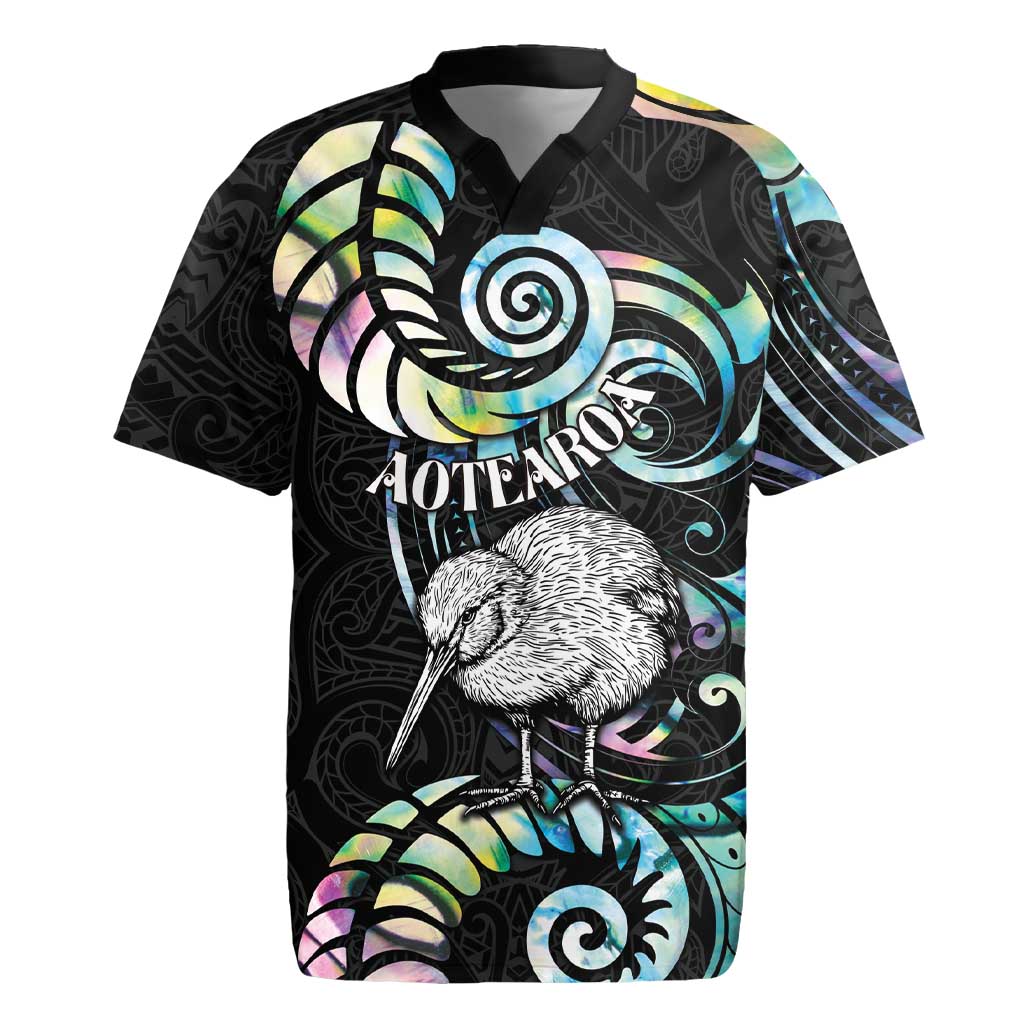 New Zealand Kiwi Bird Rugby Jersey Silver Fern Koru Paua Shell DT04 Black - Polynesian Pride