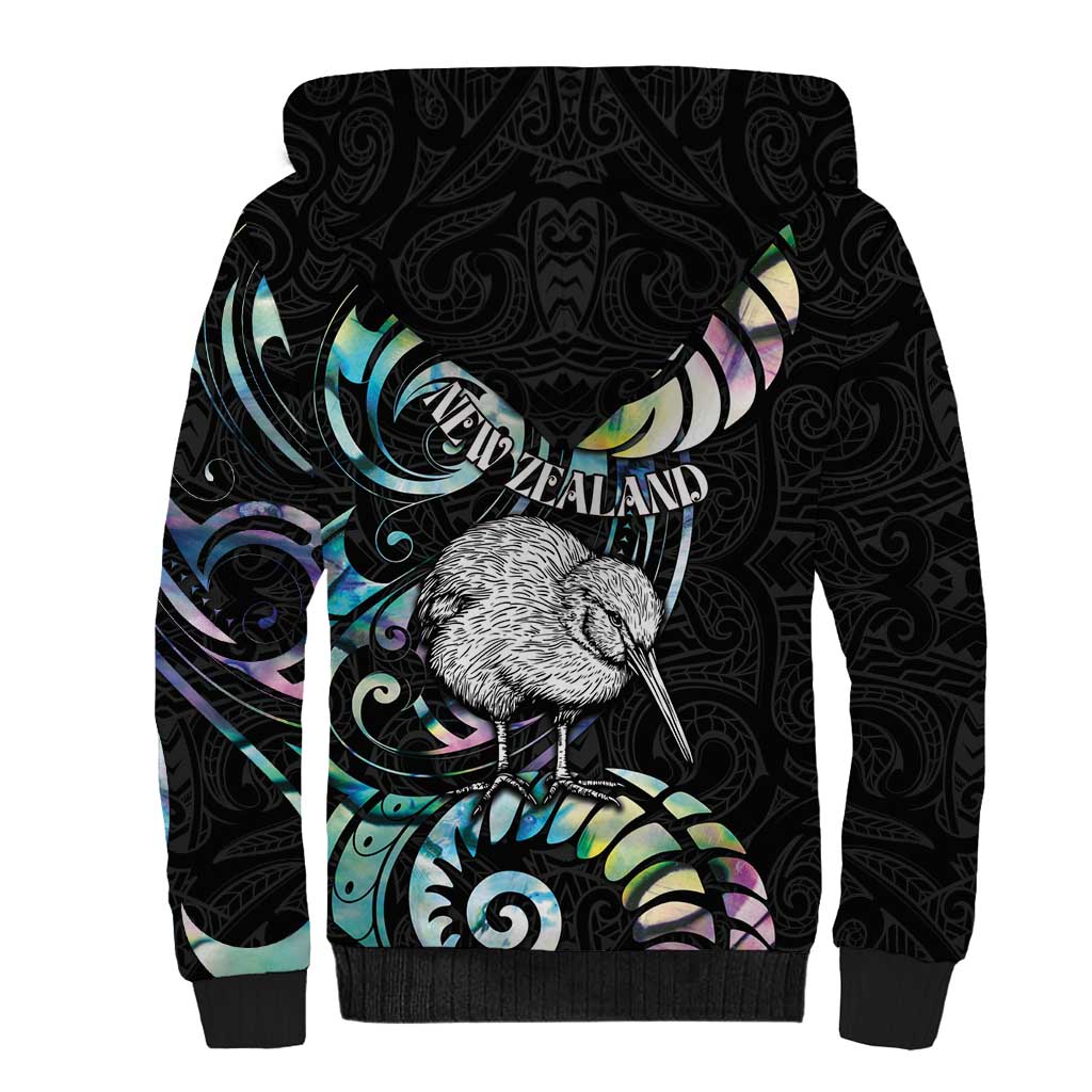 New Zealand Kiwi Bird Sherpa Hoodie Silver Fern Koru Paua Shell