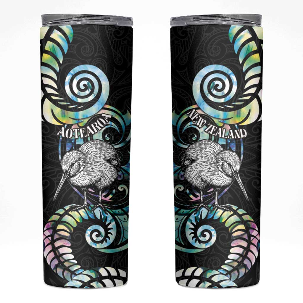 New Zealand Kiwi Bird Skinny Tumbler Silver Fern Koru Paua Shell DT04 Black - Polynesian Pride