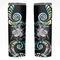 New Zealand Kiwi Bird Skinny Tumbler Silver Fern Koru Paua Shell DT04 Black - Polynesian Pride