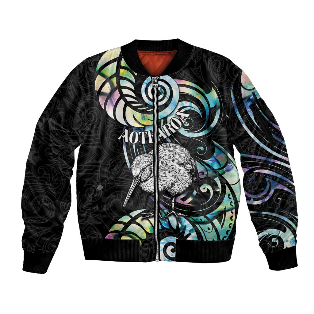 New Zealand Kiwi Bird Sleeve Zip Bomber Jacket Silver Fern Koru Paua Shell DT04 Unisex Black - Polynesian Pride