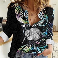 New Zealand Kiwi Bird Women Casual Shirt Silver Fern Koru Paua Shell DT04 Female Black - Polynesian Pride