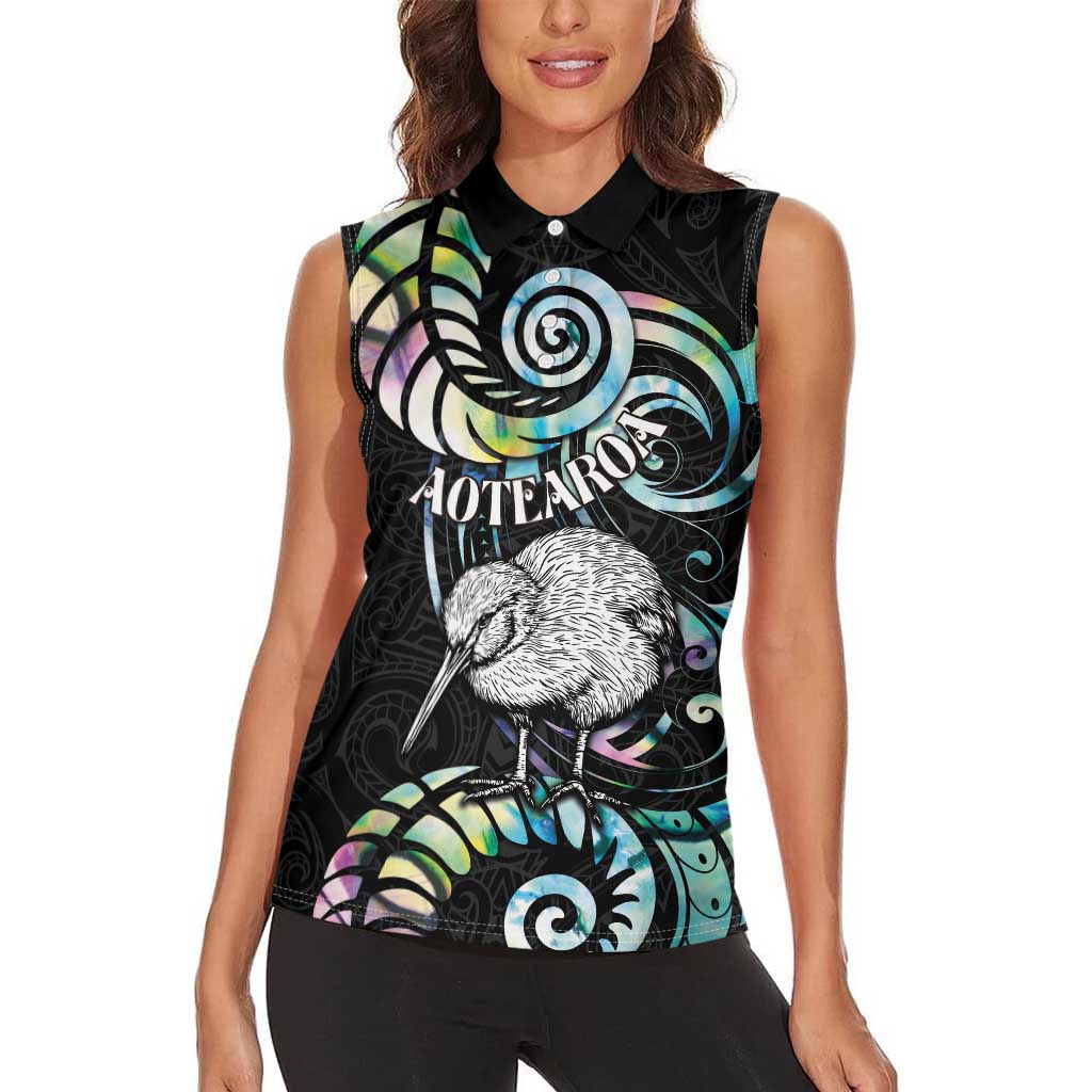 New Zealand Kiwi Bird Women Sleeveless Polo Shirt Silver Fern Koru Paua Shell