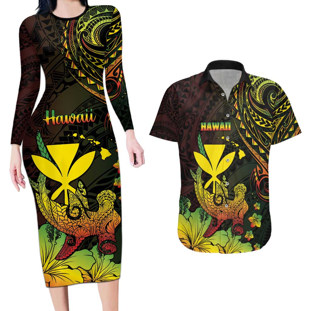 Personalised Hawaii Couples Matching Long Sleeve Bodycon Dress and Hawaiian Shirt Kanaka Maoli With Hammerhead Shark