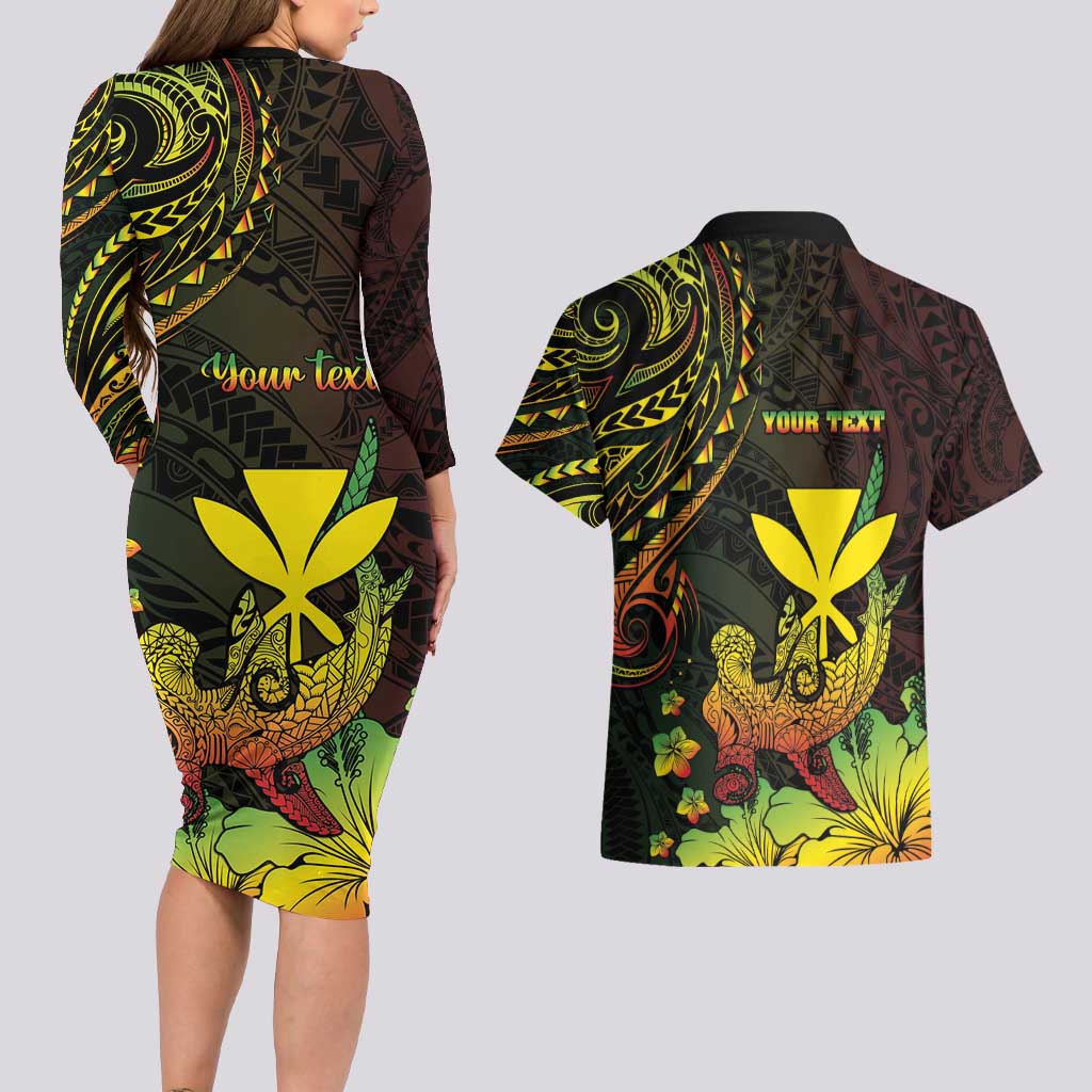 Personalised Hawaii Couples Matching Long Sleeve Bodycon Dress and Hawaiian Shirt Kanaka Maoli With Hammerhead Shark