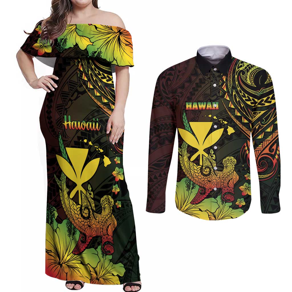 Personalised Hawaii Couples Matching Off Shoulder Maxi Dress and Long Sleeve Button Shirt Kanaka Maoli With Hammerhead Shark