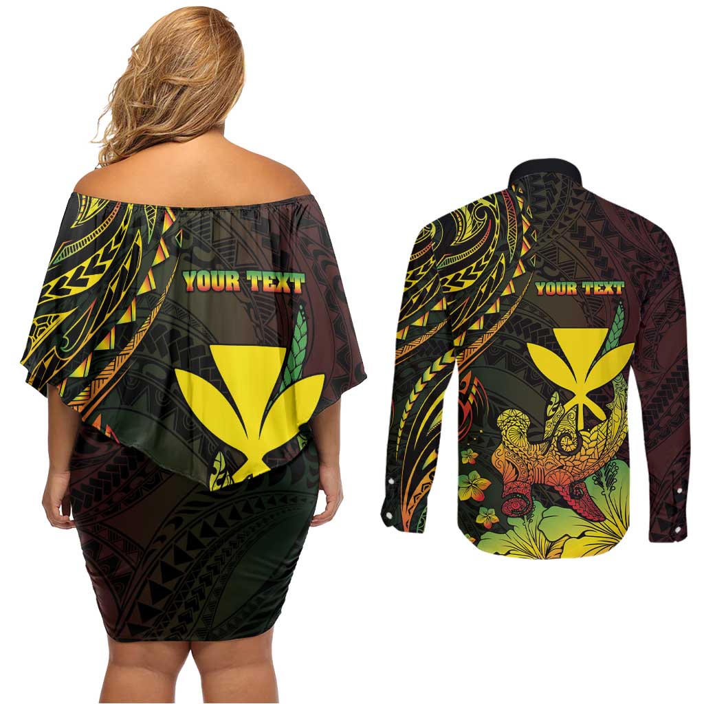 Personalised Hawaii Couples Matching Off Shoulder Short Dress and Long Sleeve Button Shirt Kanaka Maoli With Hammerhead Shark