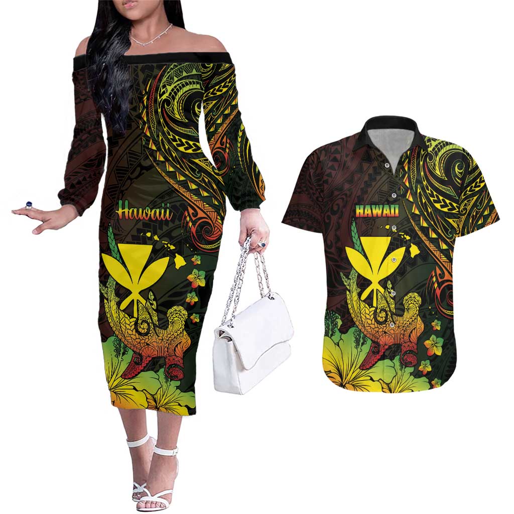Personalised Hawaii Couples Matching Off The Shoulder Long Sleeve Dress and Hawaiian Shirt Kanaka Maoli With Hammerhead Shark