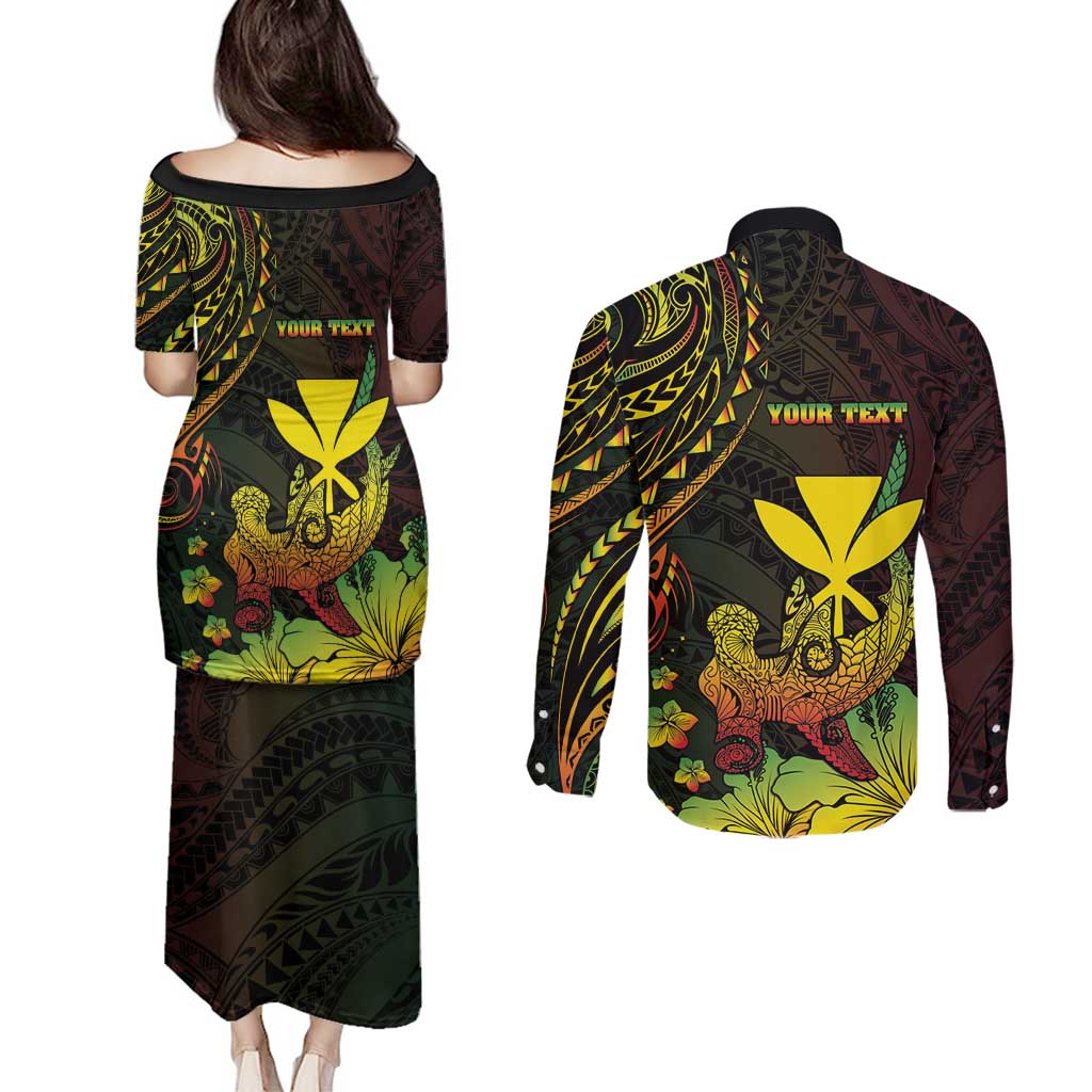 Personalised Hawaii Couples Matching Puletasi and Long Sleeve Button Shirt Kanaka Maoli With Hammerhead Shark