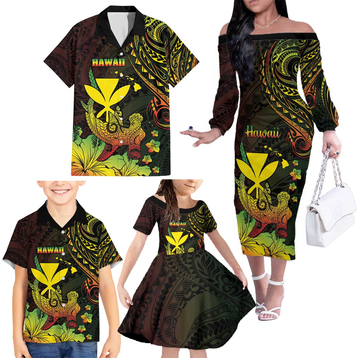 Personalised Hawaii Family Matching Off The Shoulder Long Sleeve Dress and Hawaiian Shirt Kanaka Maoli With Hammerhead Shark