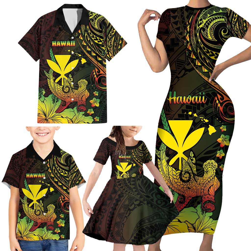 Personalised Hawaii Family Matching Short Sleeve Bodycon Dress and Hawaiian Shirt Kanaka Maoli With Hammerhead Shark