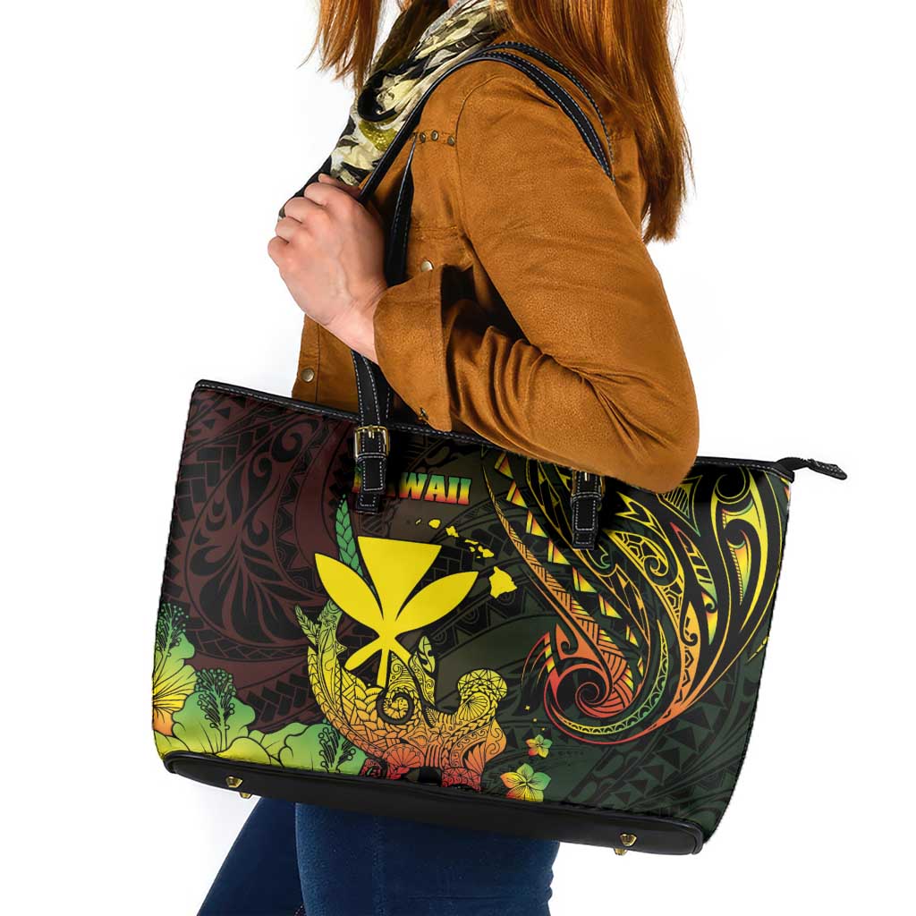 Hawaii Leather Tote Bag Kanaka Maoli With Hammerhead Shark DT04 Black - Polynesian Pride