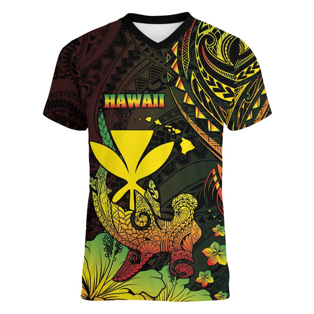 Personalised Hawaii Women V-Neck T-Shirt Kanaka Maoli With Hammerhead Shark DT04 Female Black - Polynesian Pride