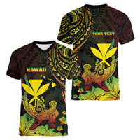 Personalised Hawaii Women V-Neck T-Shirt Kanaka Maoli With Hammerhead Shark DT04 - Polynesian Pride