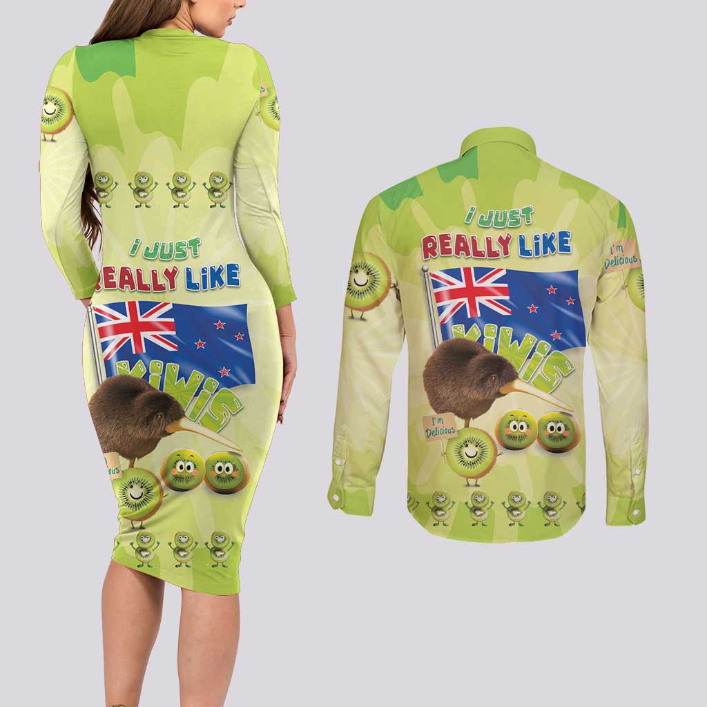 New Zealand Kiwi Couples Matching Long Sleeve Bodycon Dress and Long Sleeve Button Shirt I Just Really Like Kiwis DT04 - Polynesian Pride