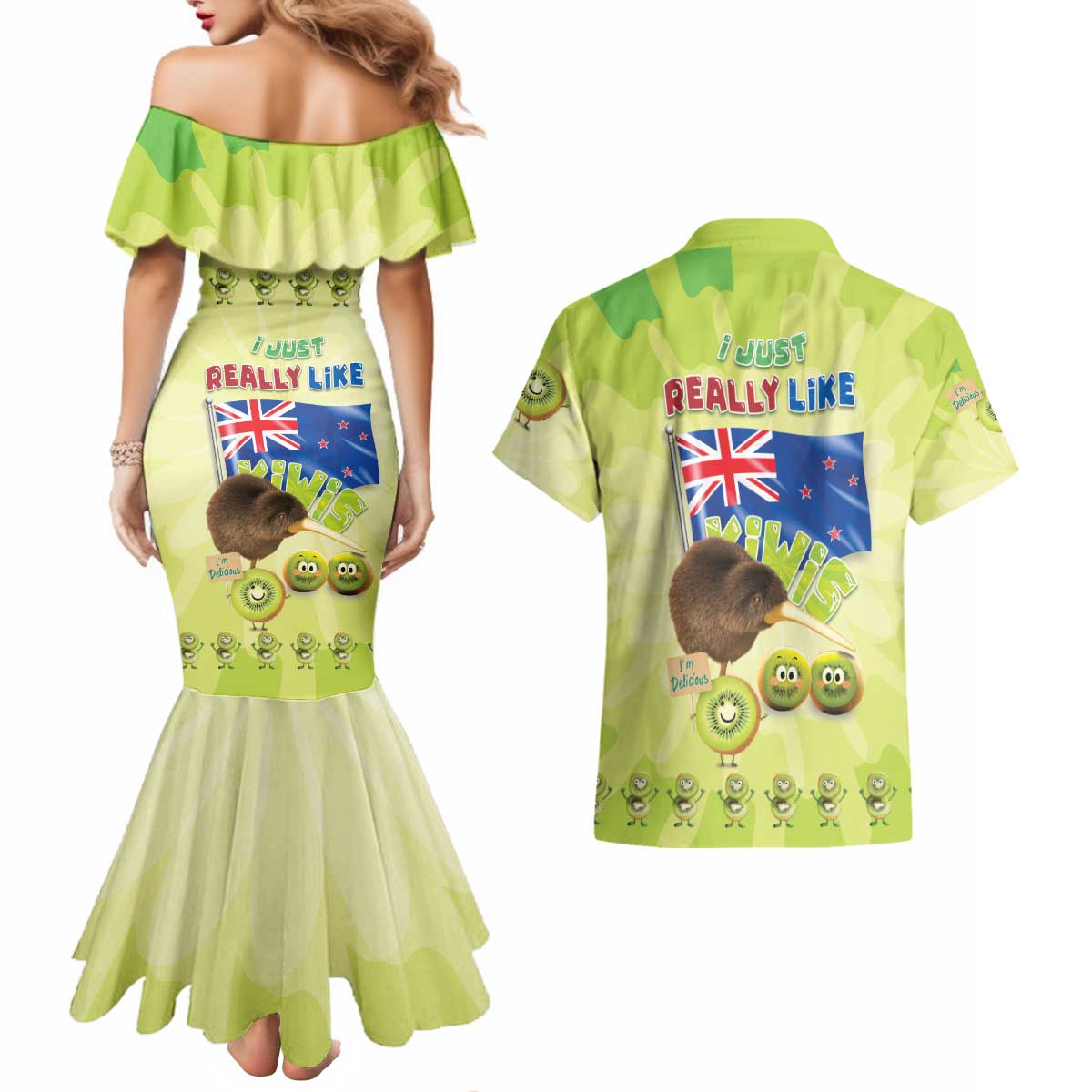 New Zealand Kiwi Couples Matching Mermaid Dress and Hawaiian Shirt I Just Really Like Kiwis
