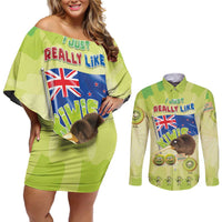 New Zealand Kiwi Couples Matching Off Shoulder Short Dress and Long Sleeve Button Shirt I Just Really Like Kiwis DT04 Green - Polynesian Pride