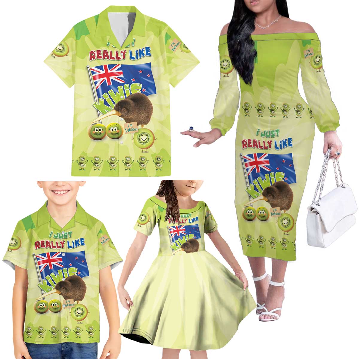 New Zealand Kiwi Family Matching Off The Shoulder Long Sleeve Dress and Hawaiian Shirt I Just Really Like Kiwis