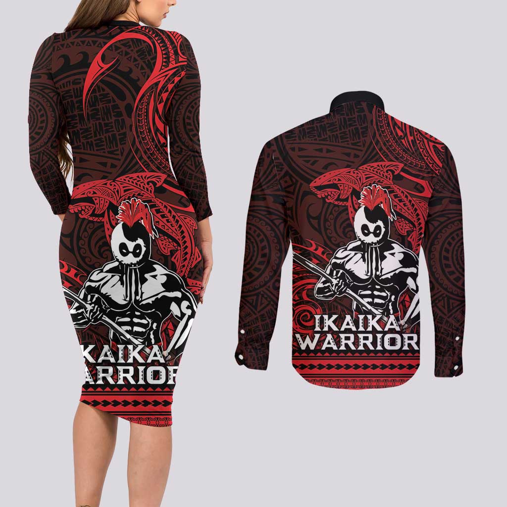 Hawaii Ikaika Warrior Couples Matching Long Sleeve Bodycon Dress and Long Sleeve Button Shirt Hawaiian Tribal Tattoo