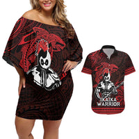 Hawaii Ikaika Warrior Couples Matching Off Shoulder Short Dress and Hawaiian Shirt Hawaiian Tribal Tattoo