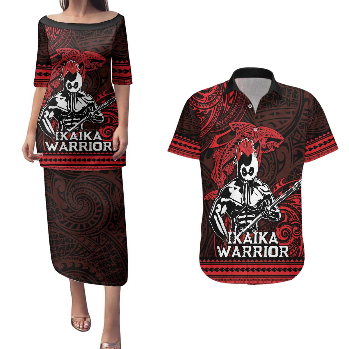 Hawaii Ikaika Warrior Couples Matching Puletasi and Hawaiian Shirt Hawaiian Tribal Tattoo DT04 Red - Polynesian Pride
