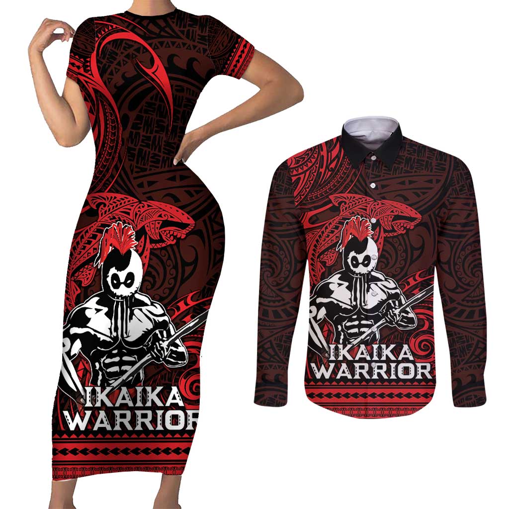 Hawaii Ikaika Warrior Couples Matching Short Sleeve Bodycon Dress and Long Sleeve Button Shirt Hawaiian Tribal Tattoo