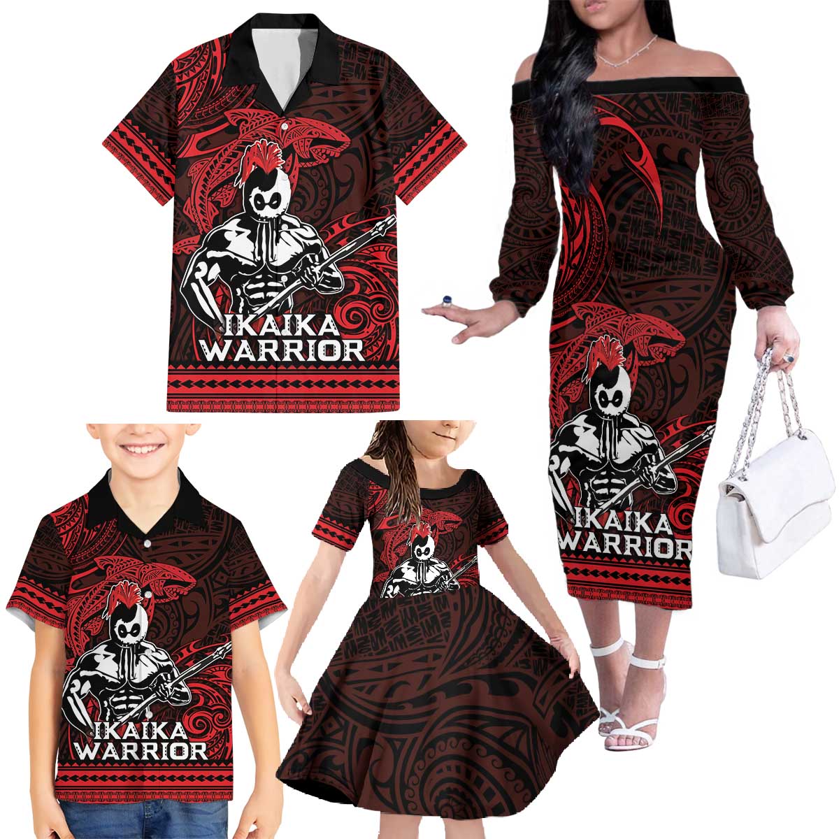 Hawaii Ikaika Warrior Family Matching Off The Shoulder Long Sleeve Dress and Hawaiian Shirt Hawaiian Tribal Tattoo