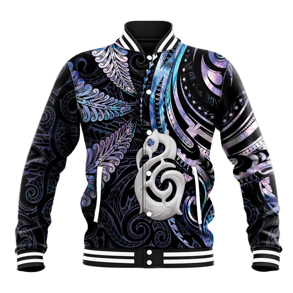 New Zealand Aotearoa Baseball Jacket Maori Hei Manaia Purple Paua Shell
