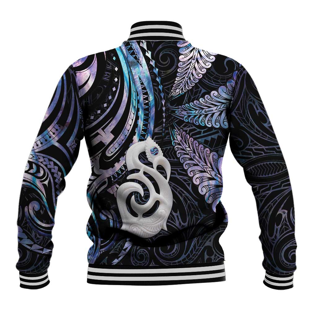 New Zealand Aotearoa Baseball Jacket Maori Hei Manaia Purple Paua Shell