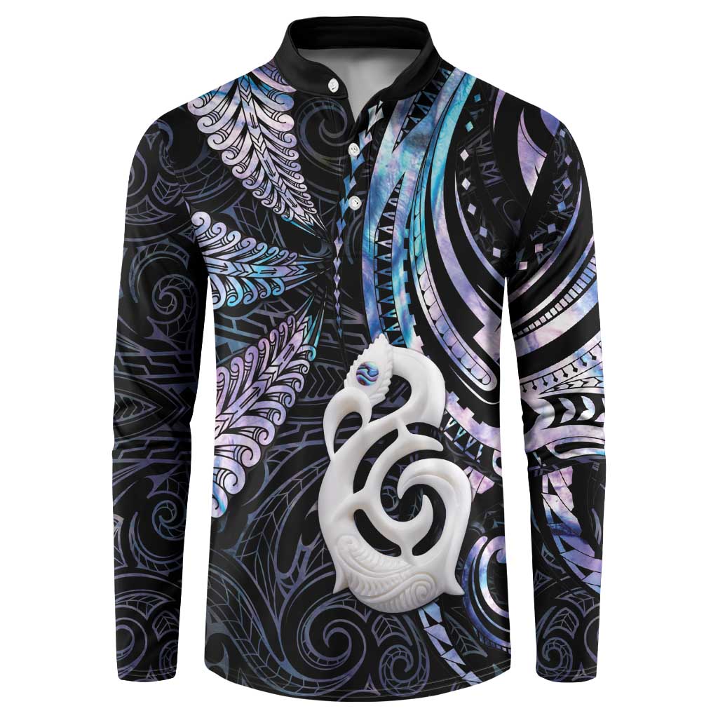 New Zealand Aotearoa Button Sweatshirt Maori Hei Manaia Purple Paua Shell