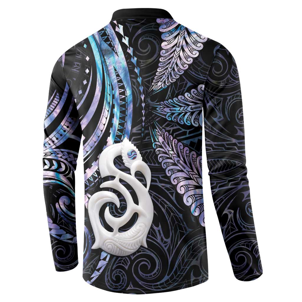 New Zealand Aotearoa Button Sweatshirt Maori Hei Manaia Purple Paua Shell