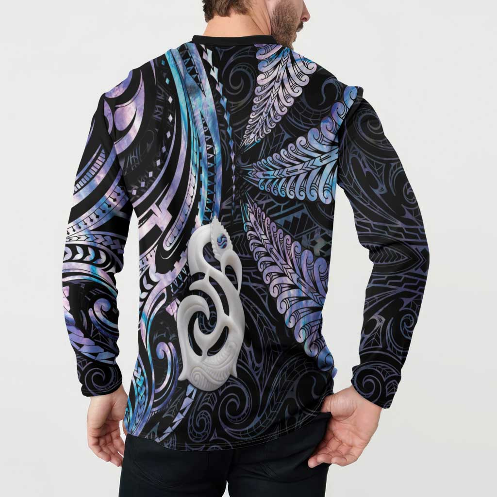 New Zealand Aotearoa Button Sweatshirt Maori Hei Manaia Purple Paua Shell