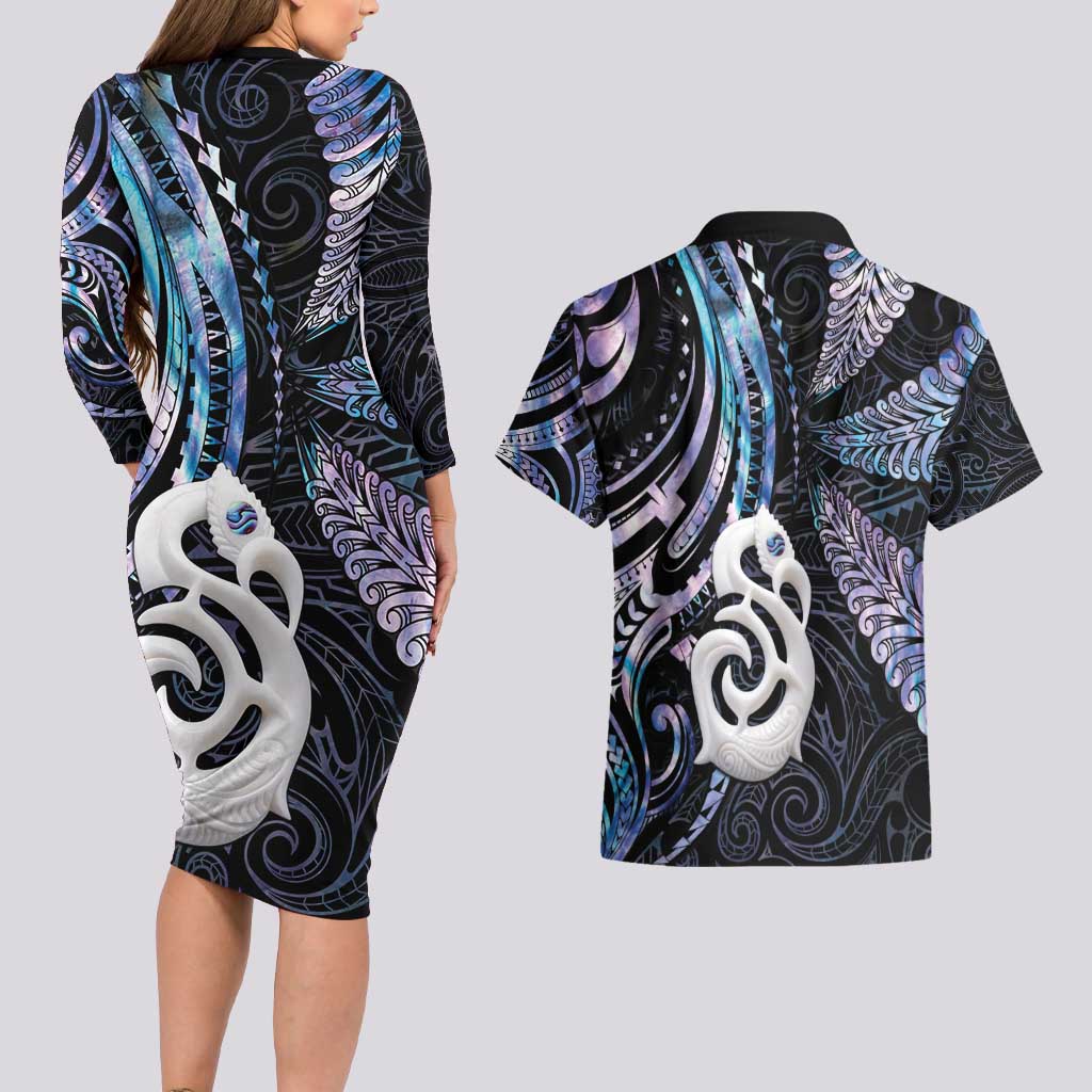 New Zealand Aotearoa Couples Matching Long Sleeve Bodycon Dress and Hawaiian Shirt Maori Hei Manaia Purple Paua Shell