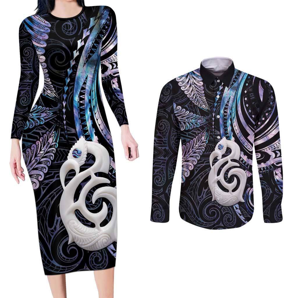 New Zealand Aotearoa Couples Matching Long Sleeve Bodycon Dress and Long Sleeve Button Shirt Maori Hei Manaia Purple Paua Shell