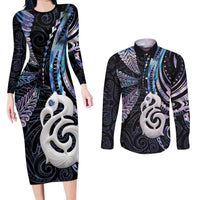 New Zealand Aotearoa Couples Matching Long Sleeve Bodycon Dress and Long Sleeve Button Shirt Maori Hei Manaia Purple Paua Shell