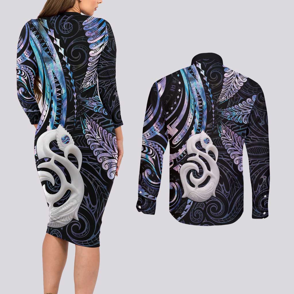 New Zealand Aotearoa Couples Matching Long Sleeve Bodycon Dress and Long Sleeve Button Shirt Maori Hei Manaia Purple Paua Shell